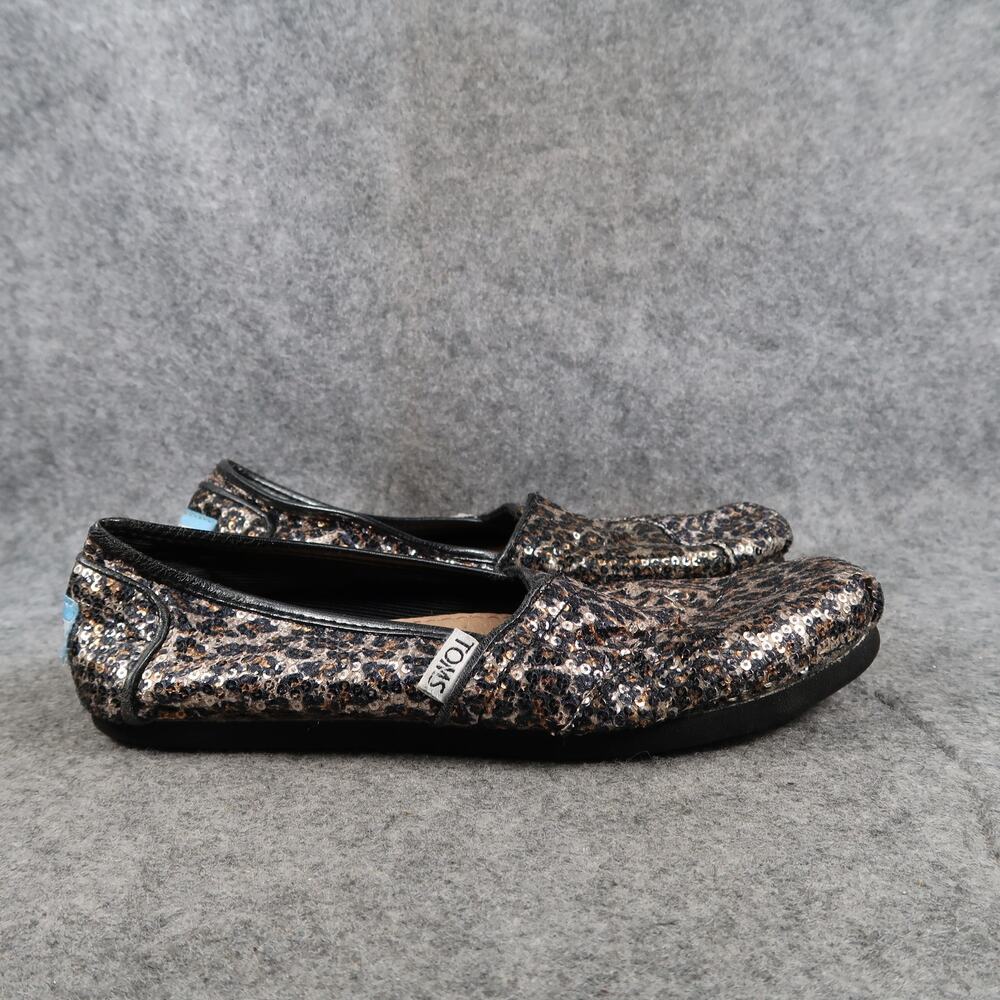 Toms Shoes Womens 6 Slip On Flats Casual Loafers Alpargatas Animal Print Sequins
